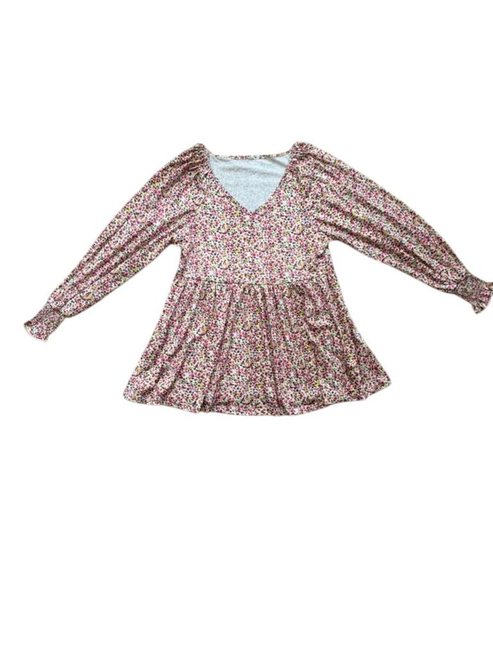 Alishebuy Women M Floral Babydoll Peplum Blouse V Neck Puff Sleeve NWT.